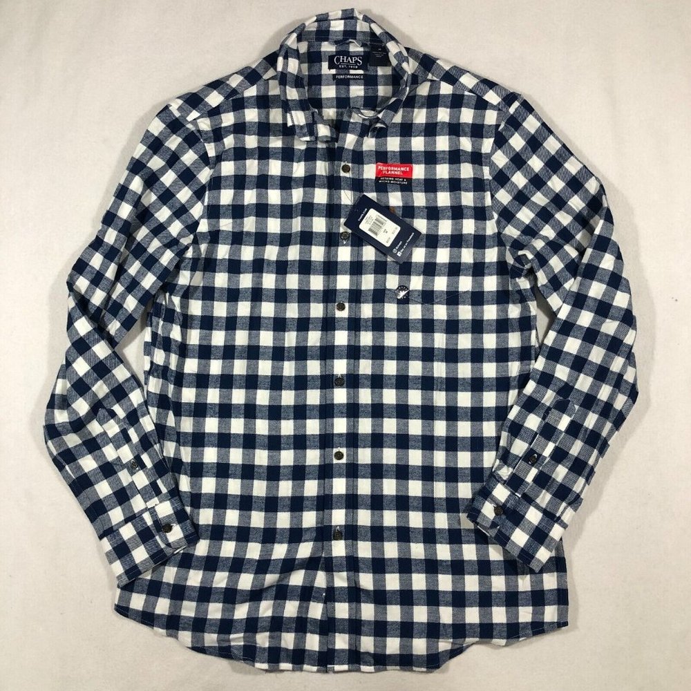 Chaps Shirt Men Medium Performance Flannel Button Front Blue White Plaid NEW $55